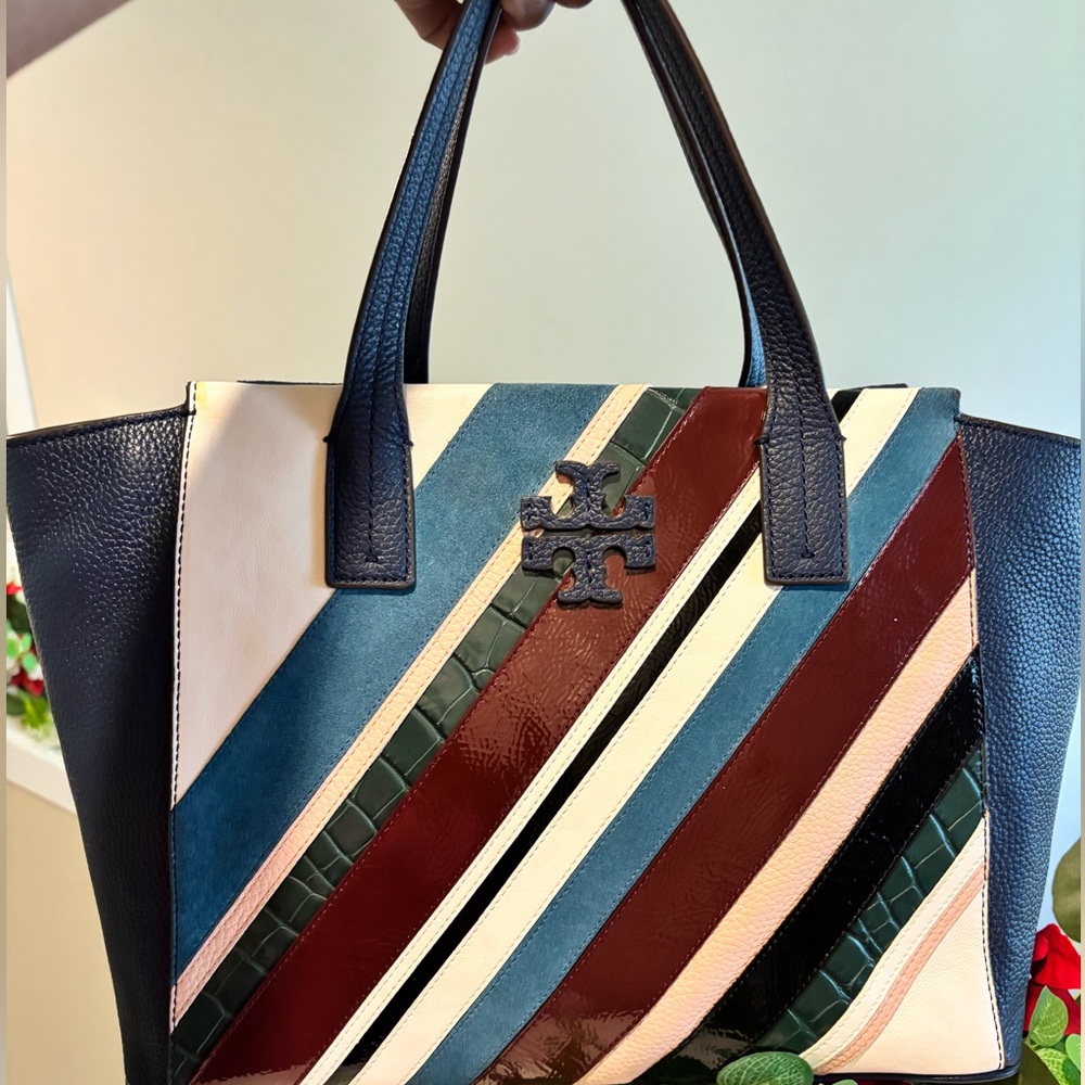 Tory Burch Navy and Multicolor Striped Tote